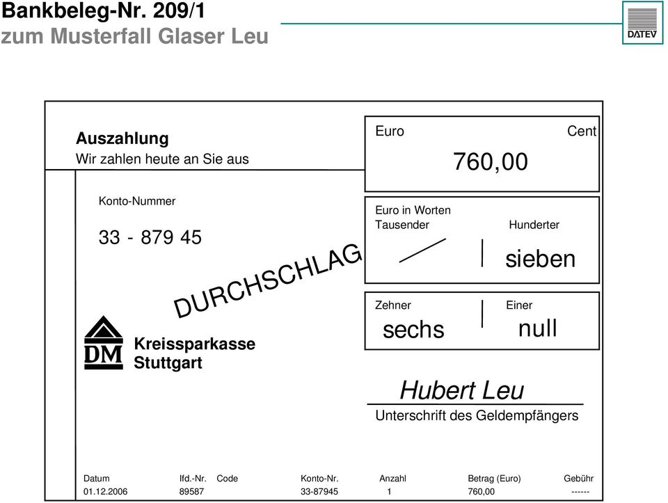 DURCHSCHLAG Kreissparkasse Stuttgart Euro in Worten Tausender Zehner sechs Hunderter