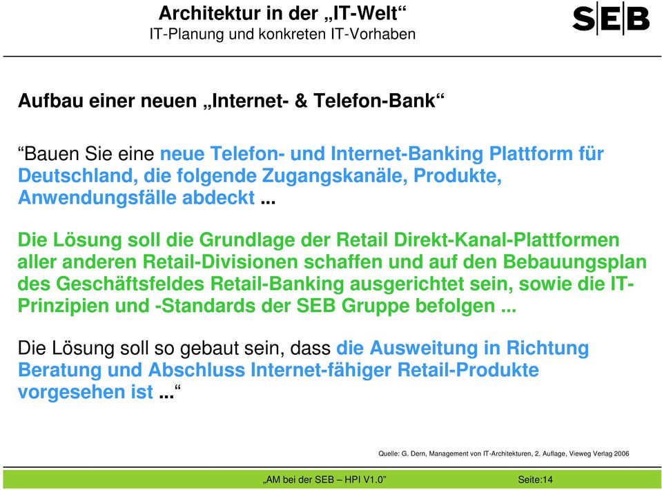 .. Die Lösung soll die Grundlage der Retail Direkt-Kanal-Plattformen aller anderen Retail-Divisionen schaffen und auf den Bebauungsplan des Geschäftsfeldes Retail-Banking