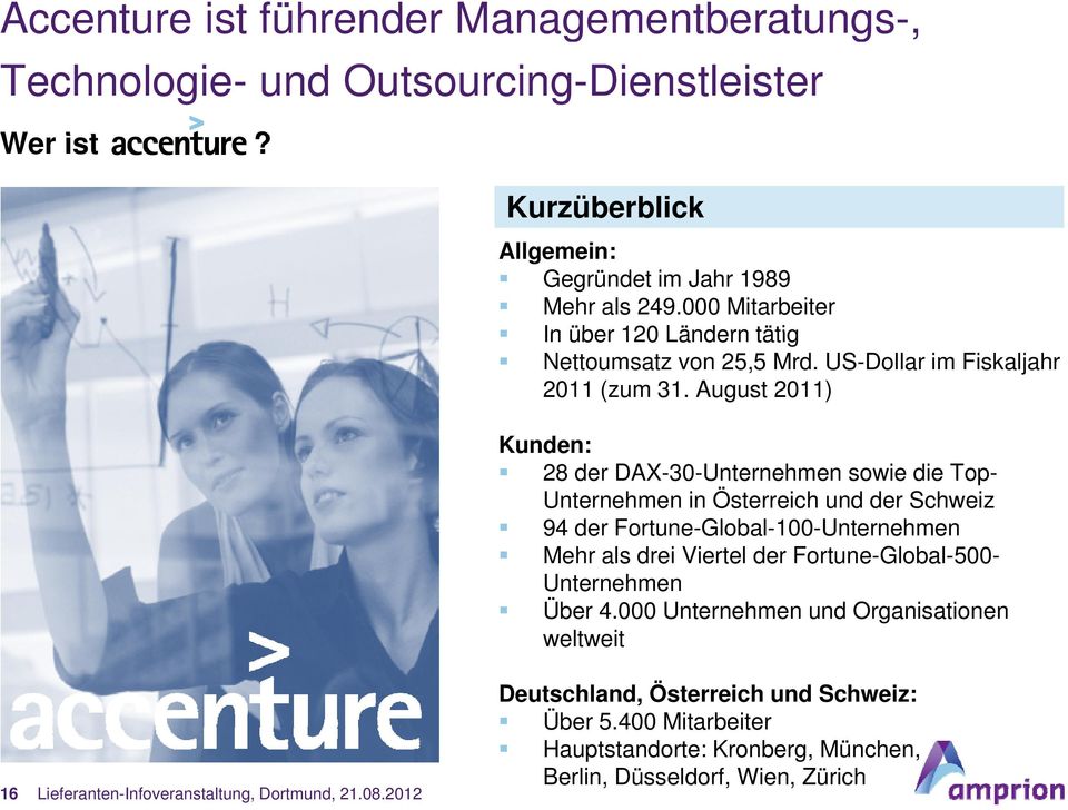 August 2011) Kunden: 28 der DAX-30-Unternehmen sowie die Top- Unternehmen in Österreich und der Schweiz 94 der Fortune-Global-100-Unternehmen Mehr als drei