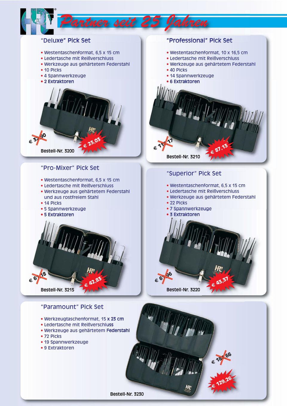 3210 87,13 Pro-Mixer Pick Set Westentaschenformat, 6,5 x 15 cm Ledertasche mit Reißverschluss Werkzeuge aus gehärtetem Federstahl und aus rostfreiem Stahl 14 Picks 5 Spannwerkzeuge 5 Extraktoren