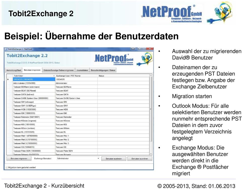 Angabe der Exchange Zielbenutzer Migration starten Outlook Modus: Für alle selektierten Benutzer werden