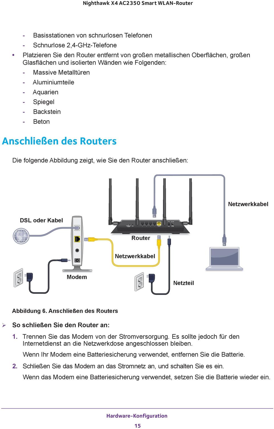 Kabel Router Netzwerkkabel Modem Netzteil Abbildung 6. Anschließen des Routers So schließen Sie den Router an: 1. Trennen Sie das Modem von der Stromversorgung.