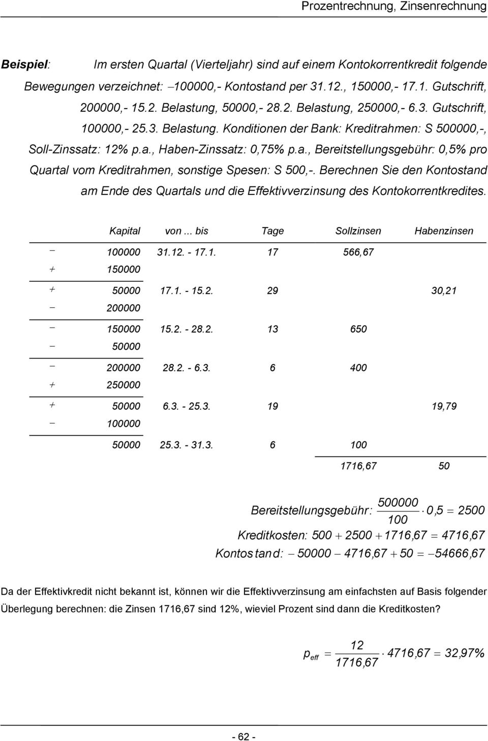 Berechnen Sie den ontostand am Ende des Quartals und die Effektivverzinsung des ontokorrentkredites. apital von.