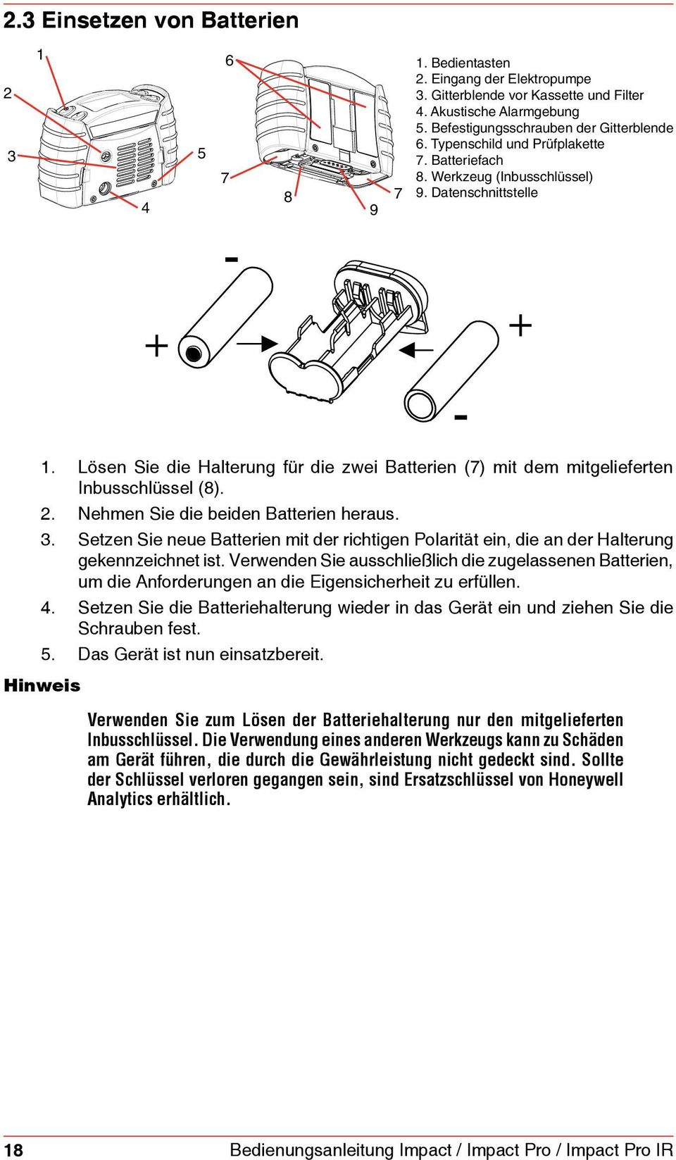 Lösen Sie die Halterung für die zwei Batterien (7) mit dem mitgelieferten Inbusschlüssel (8). 2. Nehmen Sie die beiden Batterien heraus. 3.