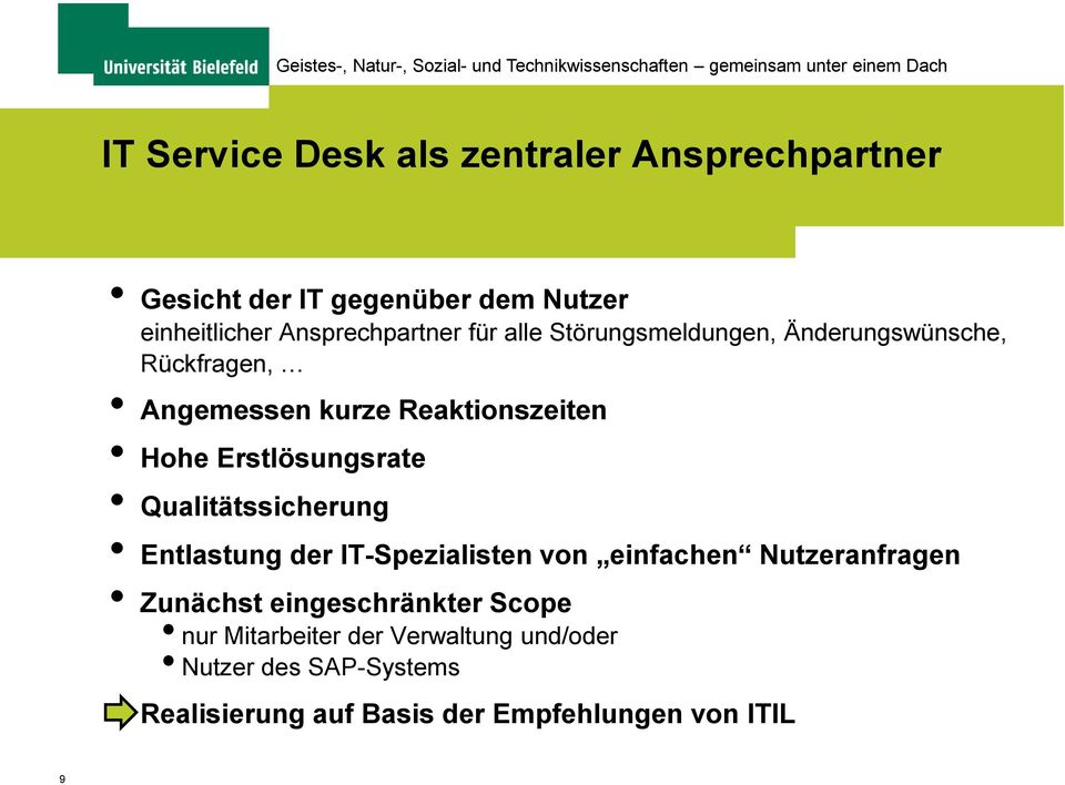 Qualitätssicherung Entlastung der IT-Spezialisten von einfachen Nutzeranfragen Zunächst eingeschränkter Scope