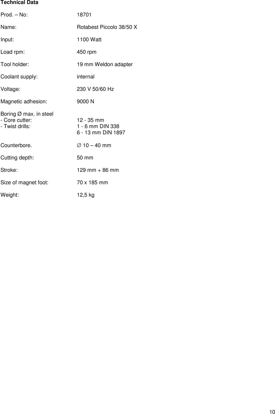 Piccolo 38/50 X 1100 Watt 450 rpm 19 mm Weldon adapter internal 230 V 50/60 Hz 9000 N Boring Ø max.