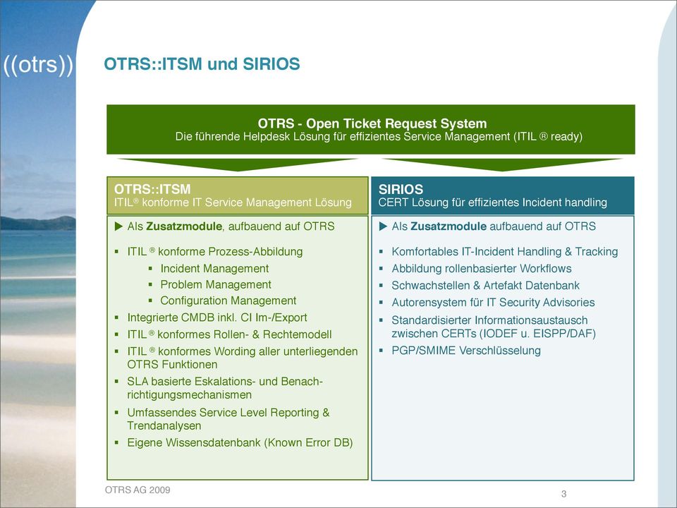 CI Im-/Export ITIL konformes Rollen- & Rechtemodell ITIL konformes Wording aller unterliegenden OTRS Funktionen SLA basierte Eskalations- und Benachrichtigungsmechanismen Umfassendes Service Level