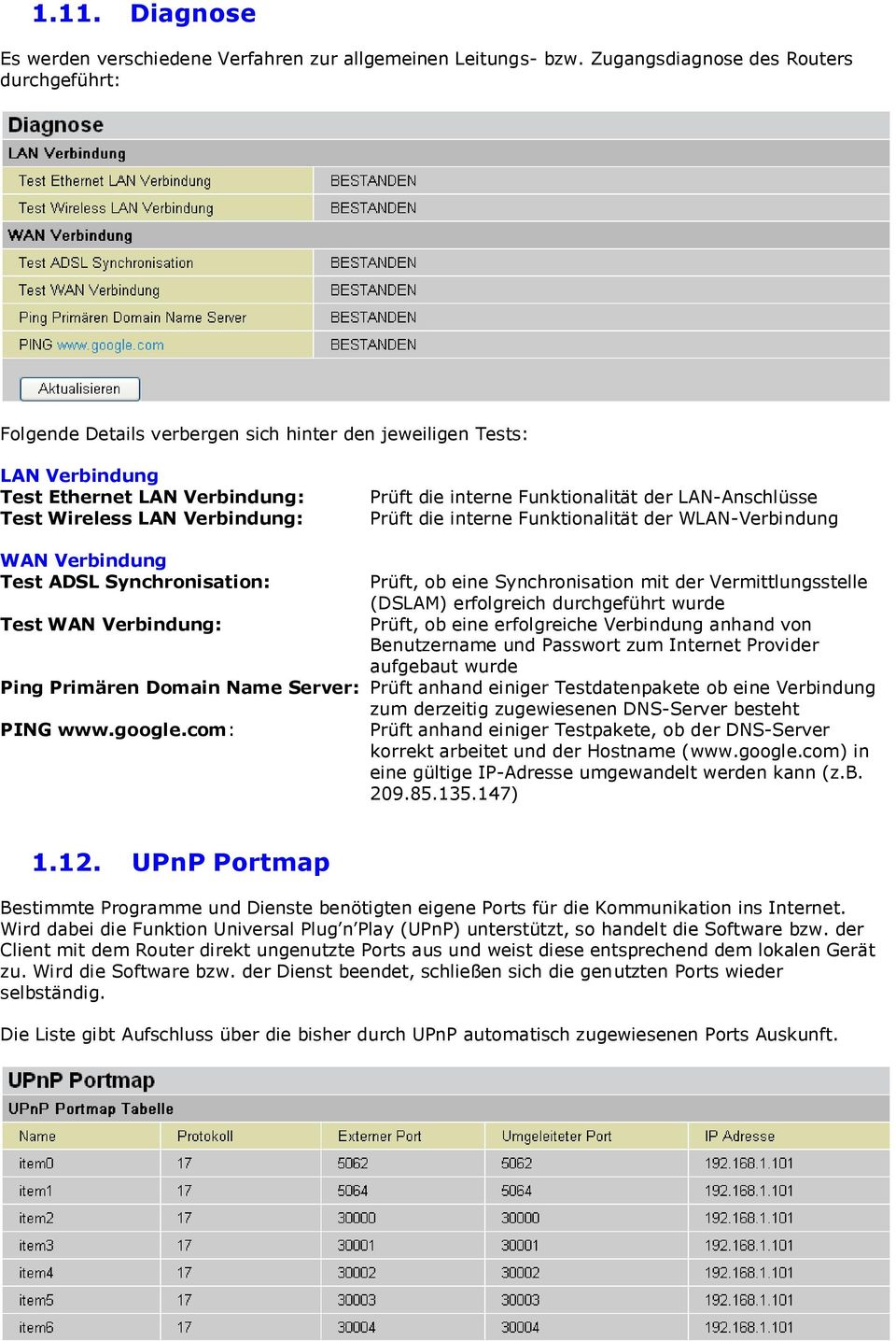 Funktionalität der LAN-Anschlüsse Prüft die interne Funktionalität der WLAN-Verbindung WAN Verbindung Test ADSL Synchronisation: Prüft, ob eine Synchronisation mit der Vermittlungsstelle (DSLAM)