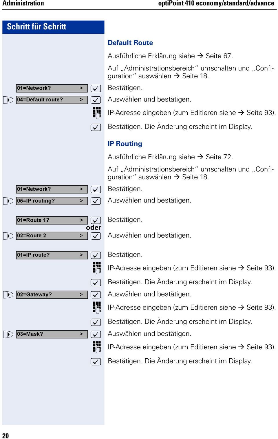 > : Bestätigen. > 05=IP routing? > : Auswählen und bestätigen. 01=Route 1? > : Bestätigen. oder > 02=Route 2 > : Auswählen und bestätigen. 01=IP route? > : Bestätigen. o IP-Adresse eingeben (zum Editieren siehe Seite 93).