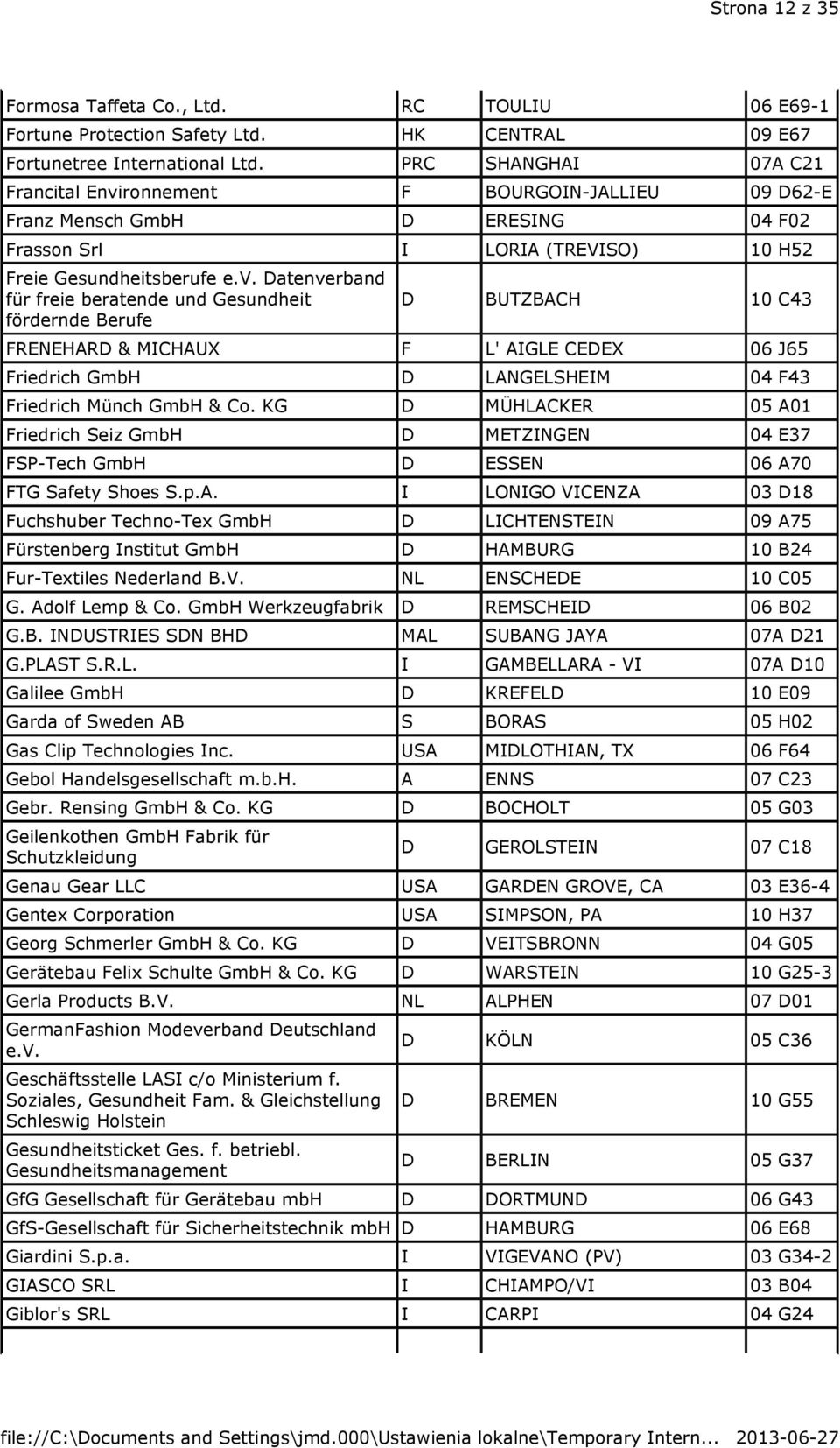 ronnement F BOURGOIN-JALLIEU 09 D62-E Franz Mensch GmbH D ERESING 04 F02 Frasson Srl I LORIA (TREVISO) 10 H52 Freie Gesundheitsberufe e.v.