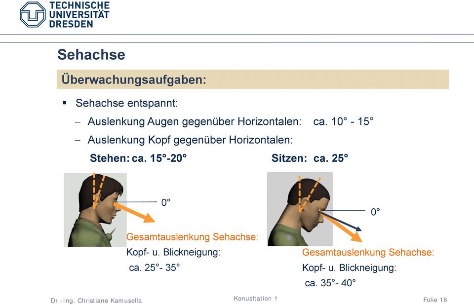 10-15 Auslenkung Kopf gegenüber Horizontalen: Stehen: ca. 15-20 Sitzen: ca.