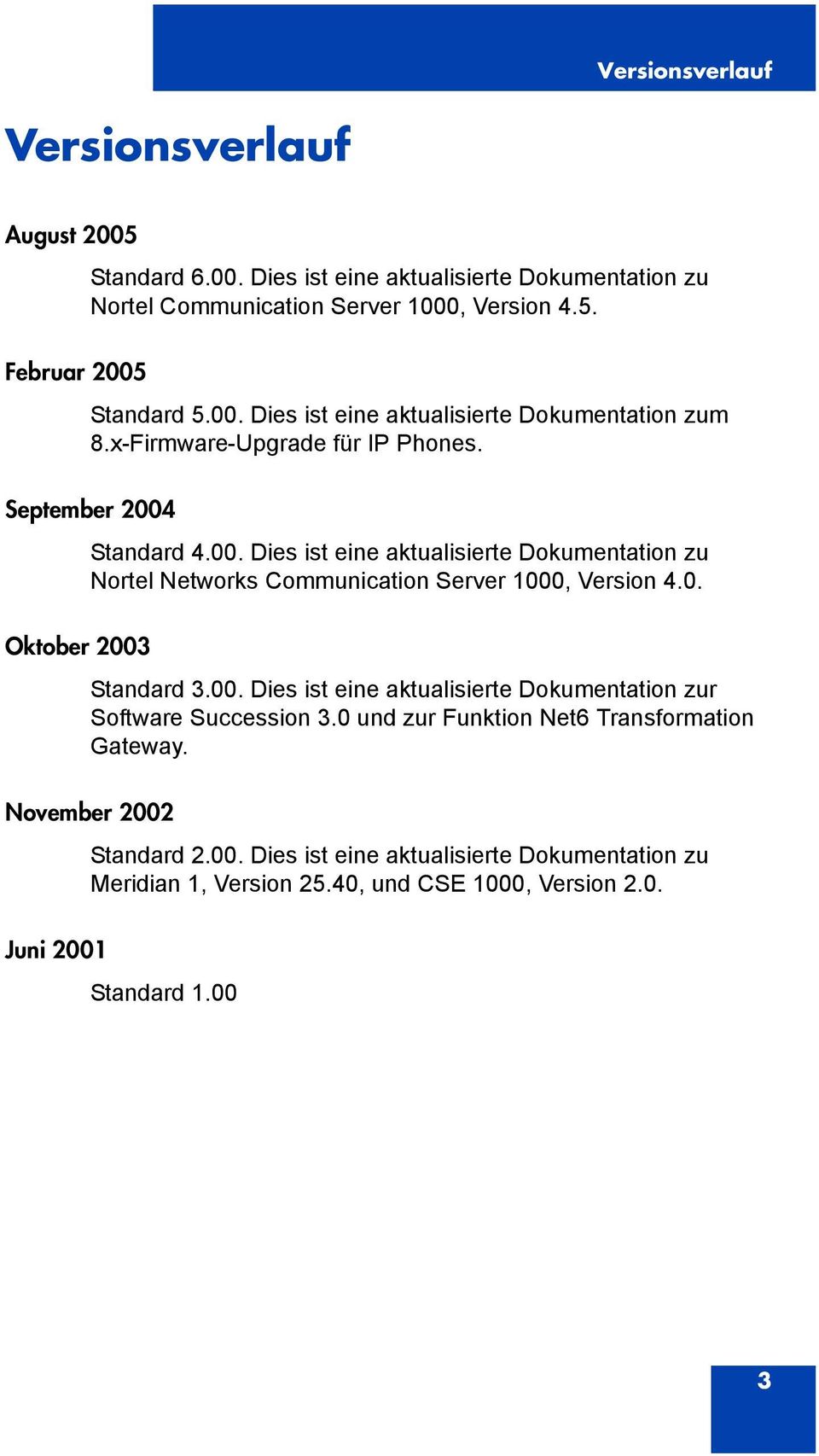 0. Standard 3.00. Dies ist eine aktualisierte Dokumentation zur Software Succession 3.0 und zur Funktion Net6 Transformation Gateway. November 2002 Juni 2001 Standard 2.00. Dies ist eine aktualisierte Dokumentation zu Meridian 1, Version 25.
