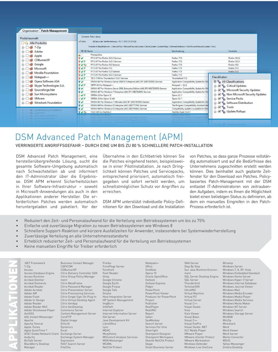 DSM APM erkennt Sicherheitslücken in Ihrer Software-Infrastruktur sowohl in Microsoft-Anwendungen als auch in den Applikationen anderer Hersteller.