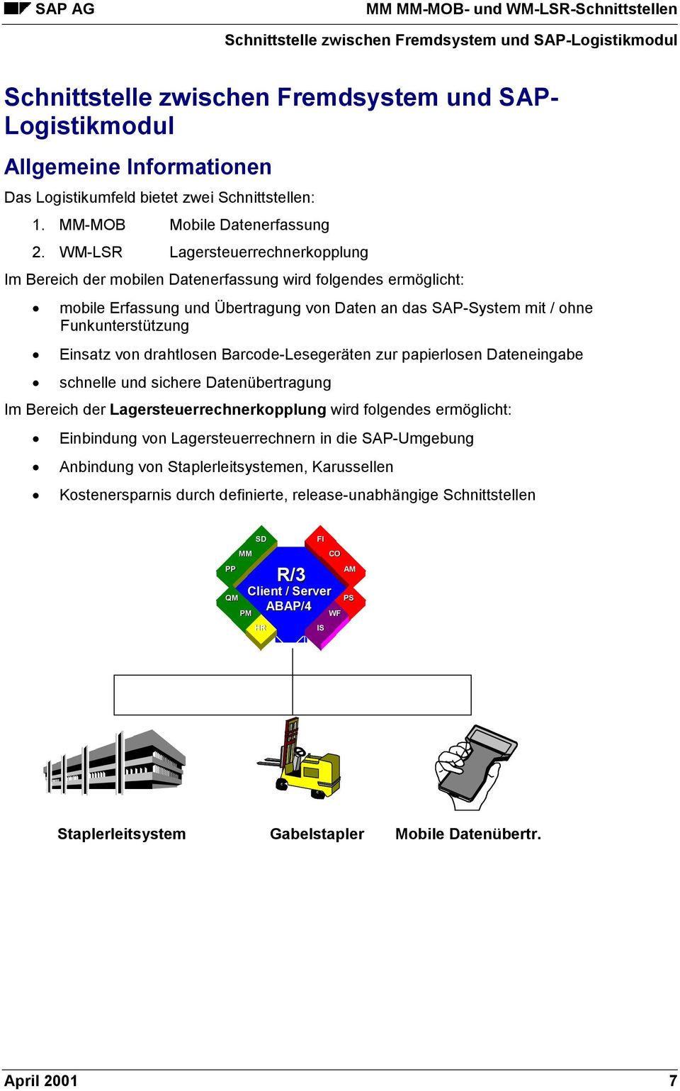 WM-LSR Lagersteuerrechnerkopplung Im Bereich der mobilen Datenerfassung wird folgendes ermöglicht: mobile Erfassung und Übertragung von Daten an das SAP-System mit / ohne Funkunterstützung Einsatz