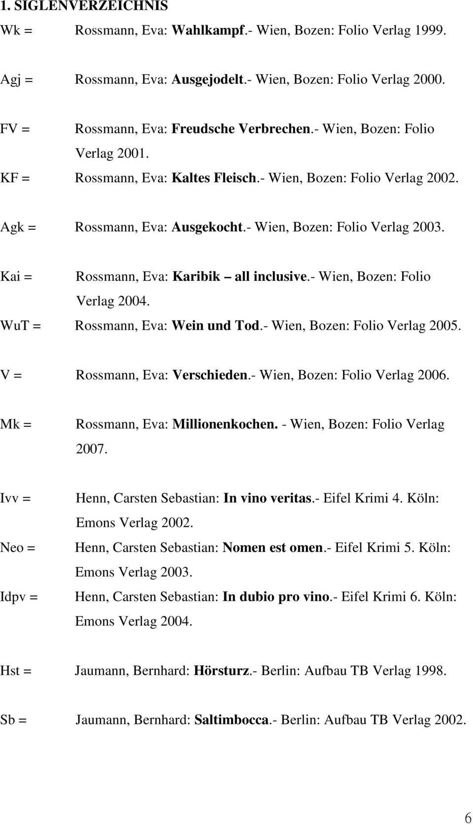 Kai = Rossmann, Eva: Karibik all inclusive.- Wien, Bozen: Folio Verlag 2004. WuT = Rossmann, Eva: Wein und Tod.- Wien, Bozen: Folio Verlag 2005. V = Rossmann, Eva: Verschieden.