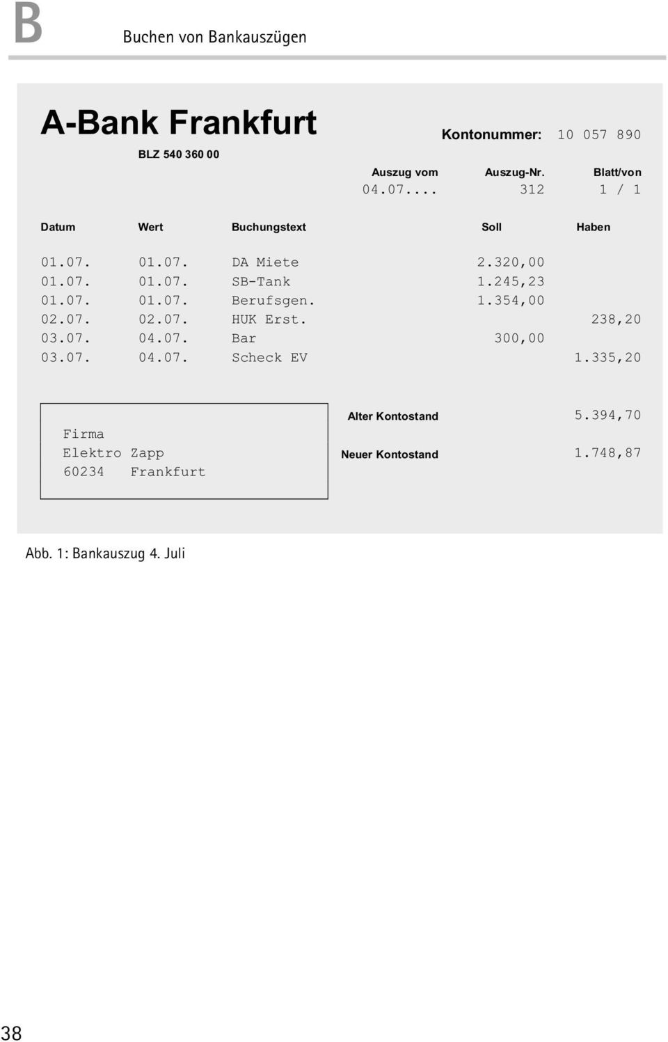 07. 01.07. Berufsgen. 1.354,00 02.07. 02.07. HUK Erst. 238,20 03.07. 04.07. Bar 300,00 03.07. 04.07. Scheck EV 1.