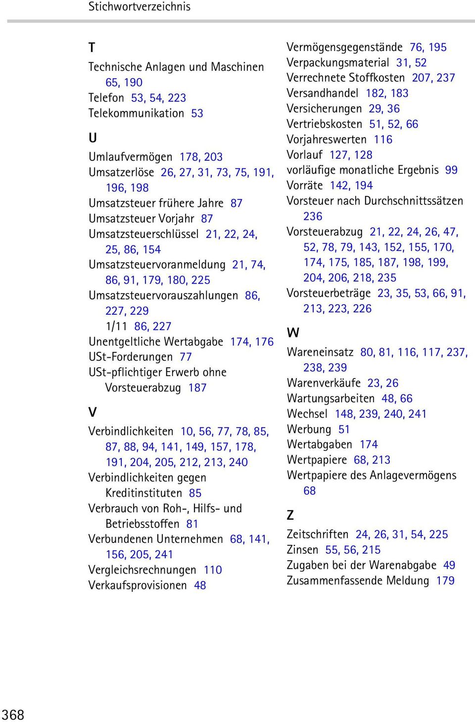 Unentgeltliche Wertabgabe 174, 176 USt Forderungen 77 USt pflichtiger Erwerb ohne Vorsteuerabzug 187 V Verbindlichkeiten 10, 56, 77, 78, 85, 87, 88, 94, 141, 149, 157, 178, 191, 204, 205, 212, 213,