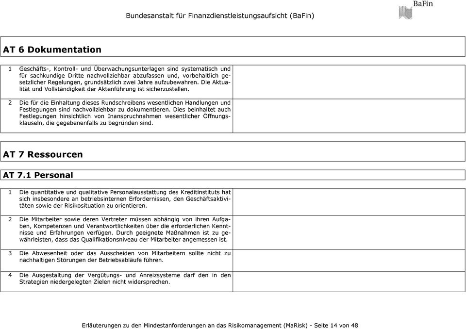 2 Die für die Einhaltung dieses Rundschreibens wesentlichen Handlungen und Festlegungen sind nachvollziehbar zu dokumentieren.