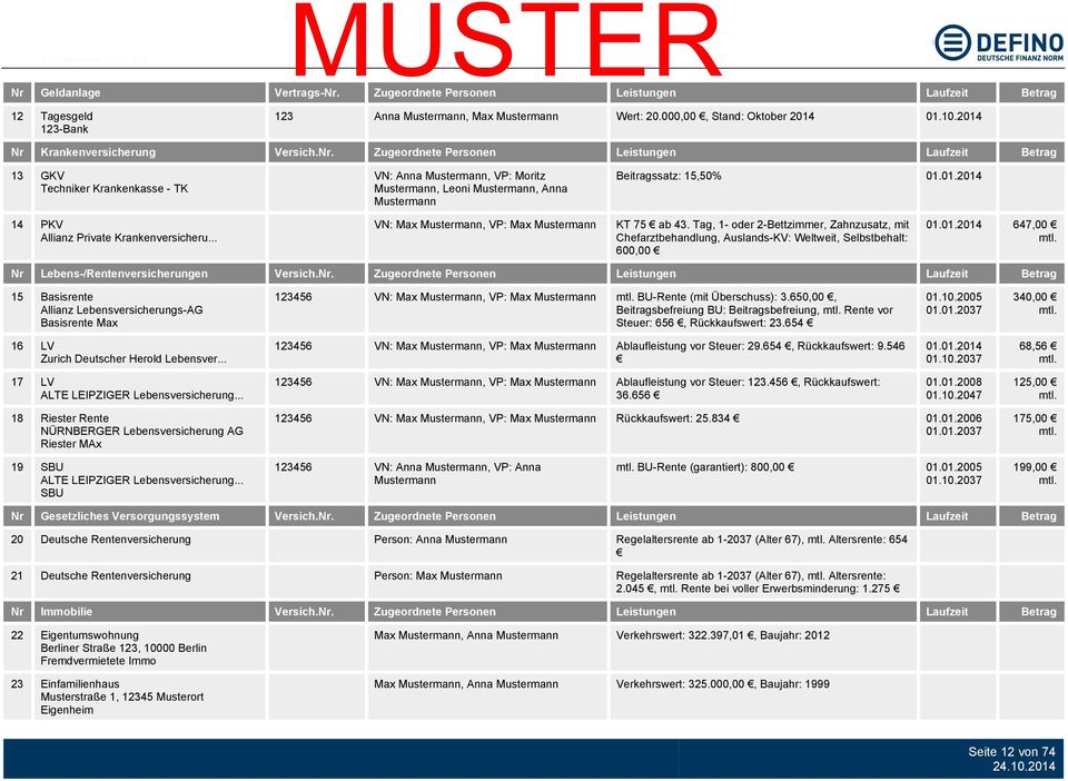 01.2014 14 PKV Allianz Private Krankenversicheru... VN: Max Mustermann, VP: Max Mustermann KT 75 ab 43.