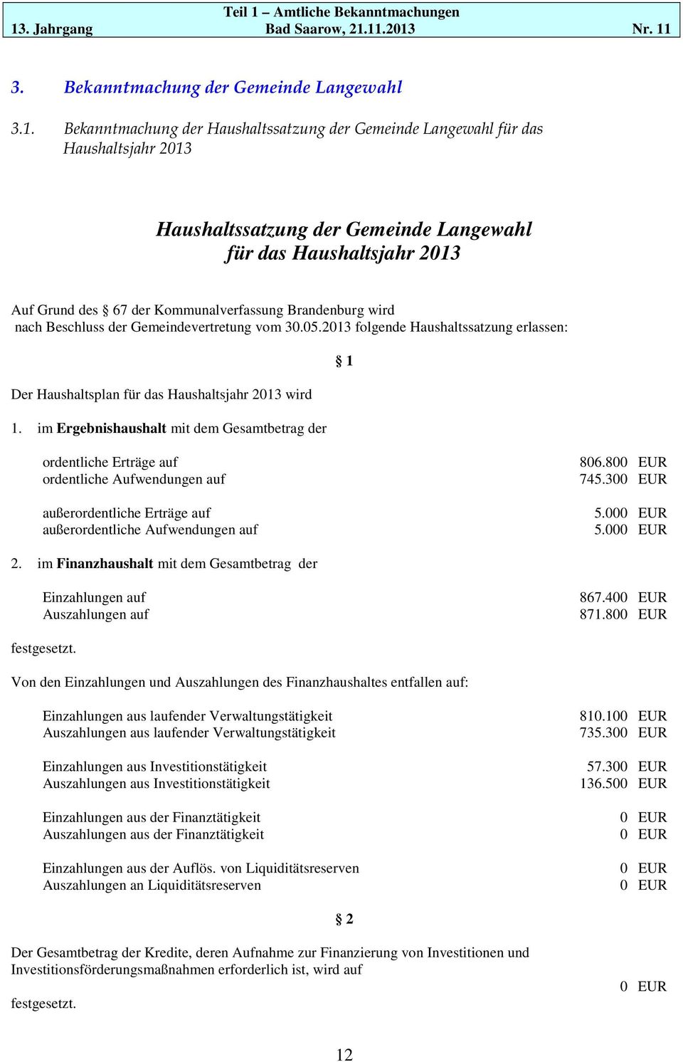 Brandenburg wird nach Beschluss der Gemeindevertretung vom 30.05.2013 folgende Haushaltssatzung erlassen: Der Haushaltsplan für das Haushaltsjahr 2013 wird 1.