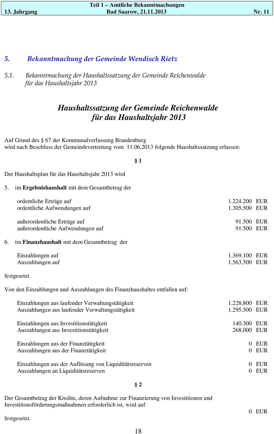 Brandenburg wird nach Beschluss der Gemeindevertretung vom 11.06.2013 folgende Haushaltssatzung erlassen: Der Haushaltsplan für das Haushaltsjahr 2013 wird 5.