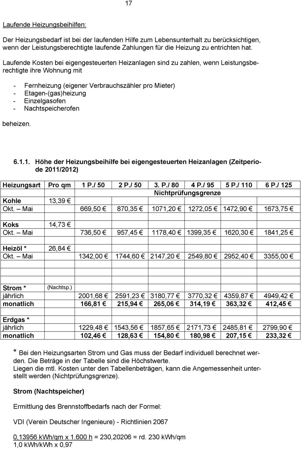 Einzelgasofen - Nachtspeicherofen beheizen. 6.1.1. Höhe der Heizungsbeihilfe bei eigengesteuerten Heizanlagen (Zeitperiode 2011/2012) Heizungsart Pro qm 1 P./ 50 2 P./ 50 3. P./ 80 4 P./ 95 5 P.