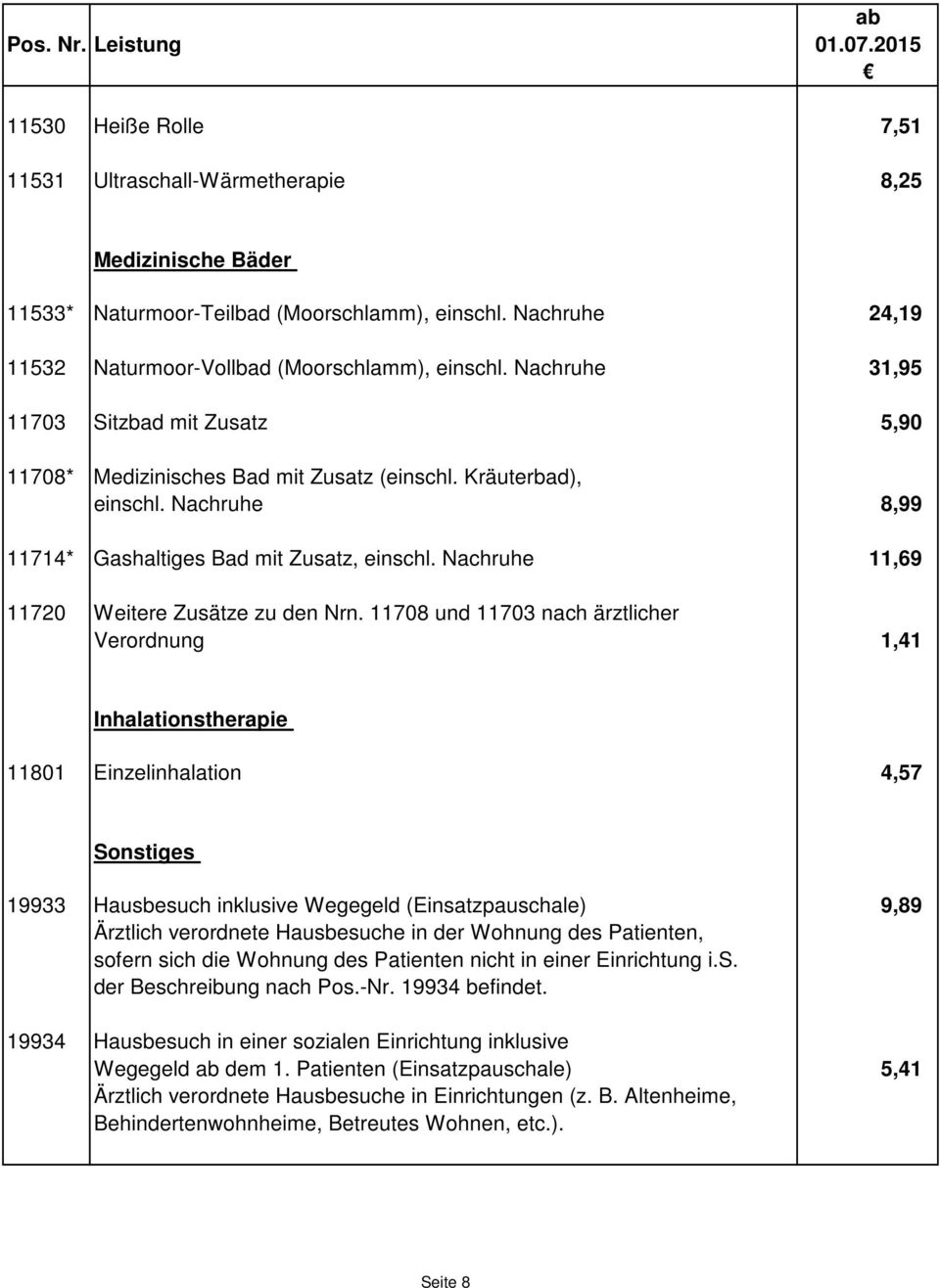 Nachruhe 8,99 11714* Gashaltiges Bad mit Zusatz, einschl. Nachruhe 11,69 11720 Weitere Zusätze zu den Nrn.