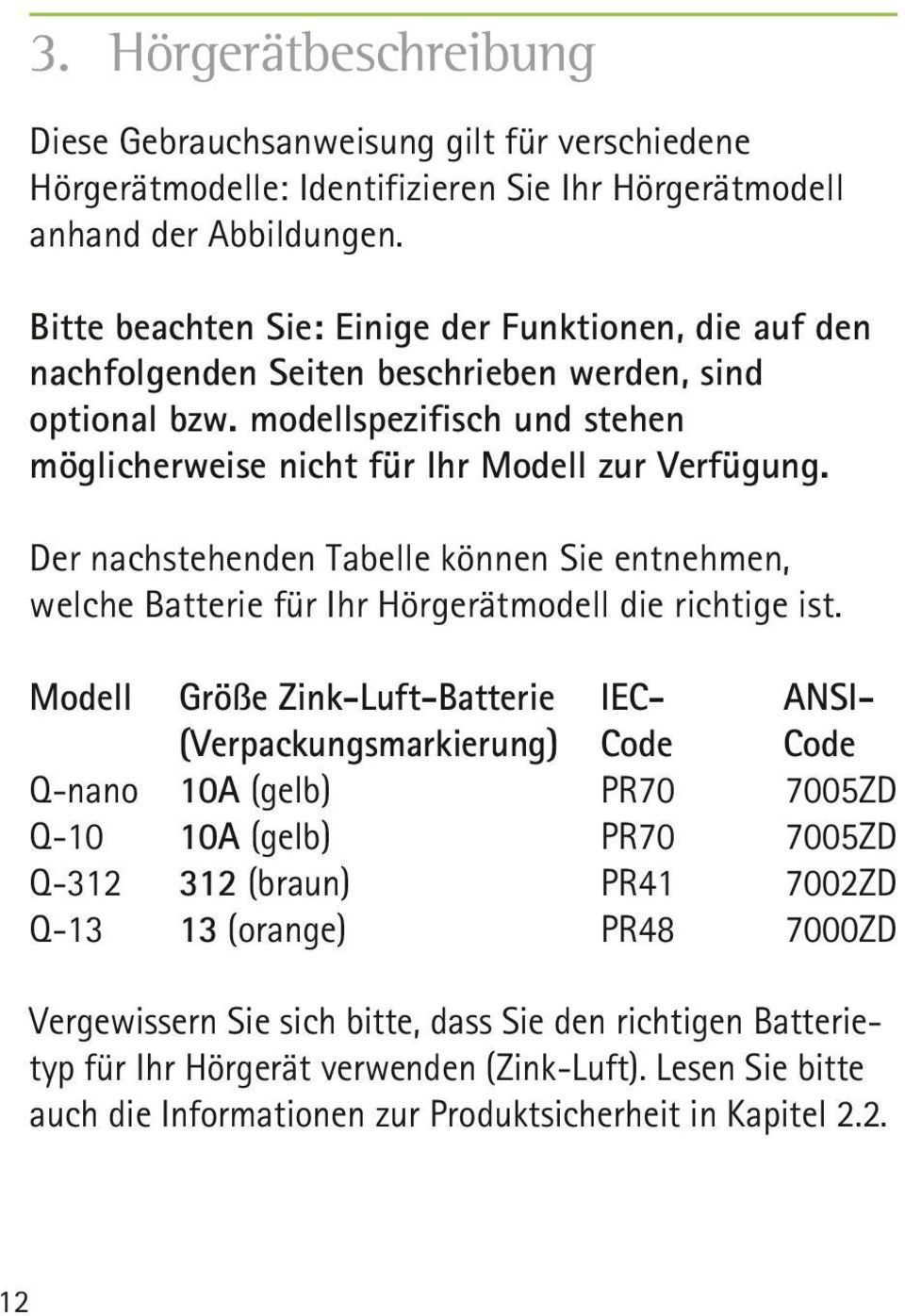 Der nachstehenden Tabelle können Sie entnehmen, welche Batterie für Ihr Hörgerätmodell die richtige ist.