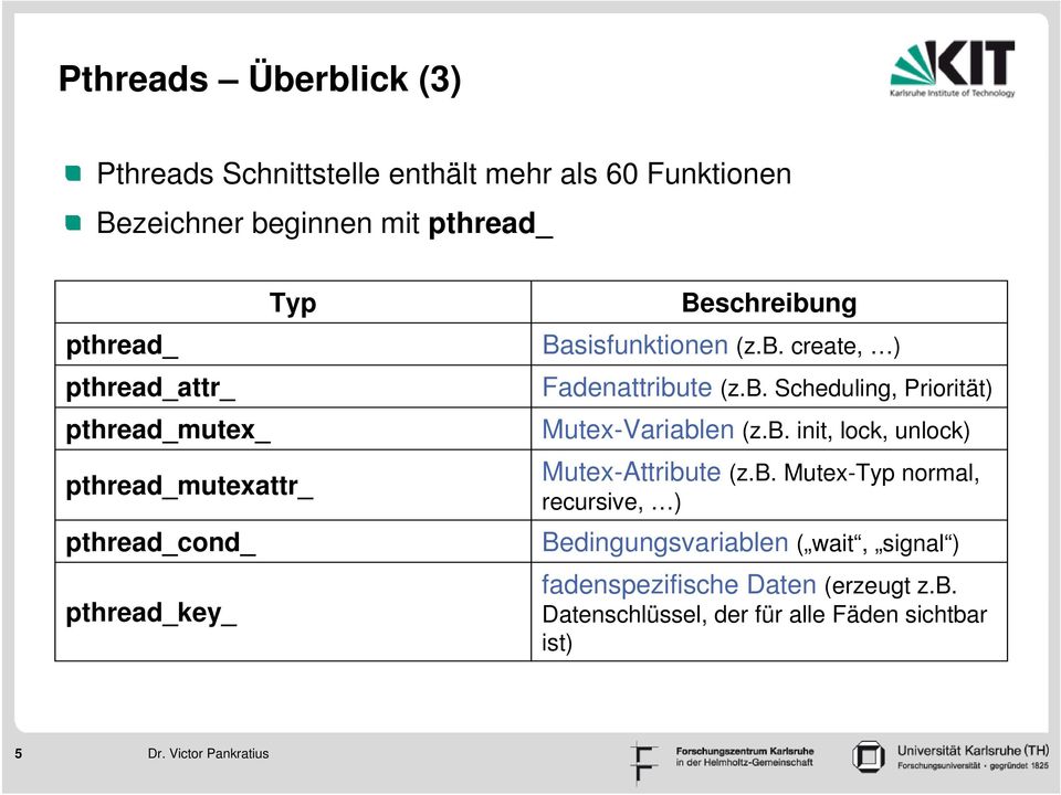 b. Scheduling, Priorität) Mutex-Variablen (z.b. init, lock, unlock) Mutex-Attribute (z.b. Mutex-Typ normal, recursive, ) Bedingungsvariablen ( wait, signal ) fadenspezifische Daten (erzeugt z.