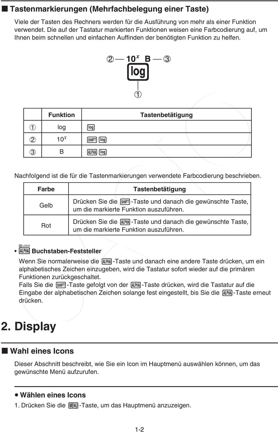Funktion Tastenbetätigung log 10 x B Nachfolgend ist die für die Tastenmarkierungen verwendete Farbcodierung beschrieben.