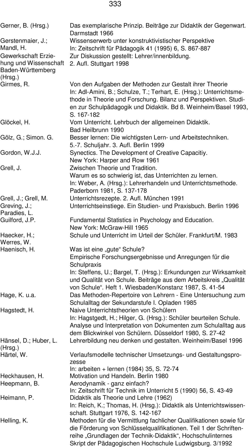 867-887 Zur Diskussion gestellt: Lehrer/innenbildung. 2. Aufl. Stuttgart 1998 Von den Aufgaben der Methoden zur Gestalt ihrer Theorie In: Adl-Amini, B.; Schulze, T.; Terhart, E. (Hrsg.
