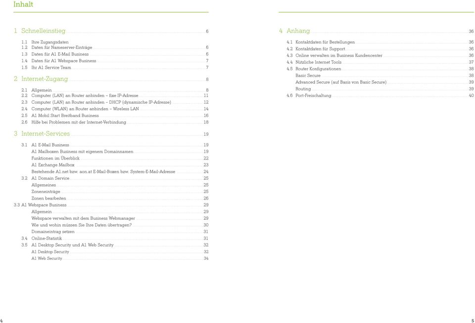 4 Computer (WLAN) an Router anbinden Wireless LAN...14 2.5 A1 Mobil Start Breitband Business...16 2.6 Hilfe bei Problemen mit der Internet-Verbindung...18 4 Anhang...36 4.
