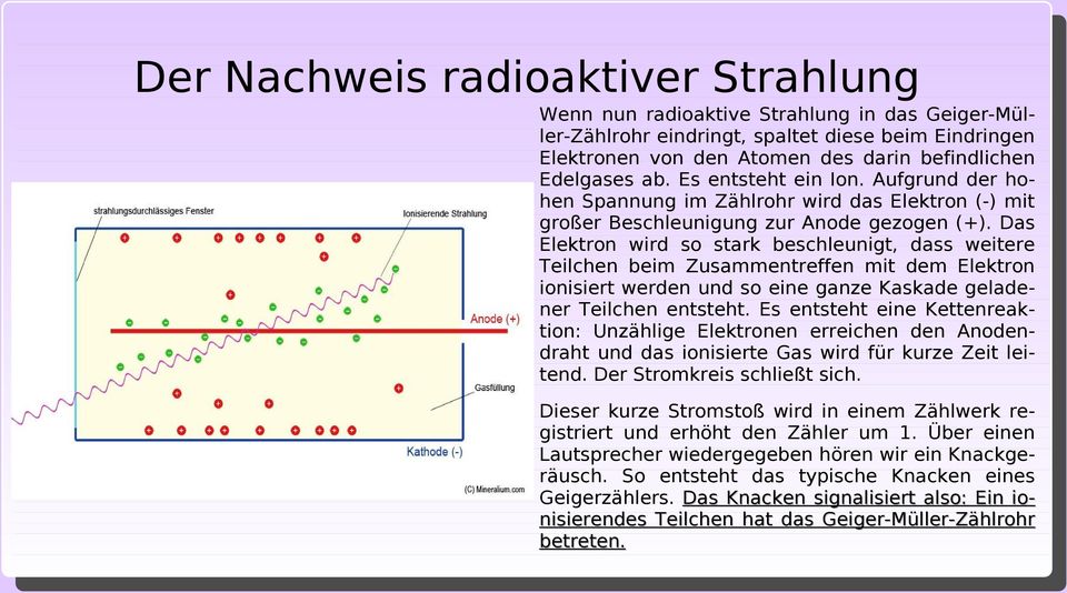 Das Elektron wird so stark beschleunigt, dass weitere Teilchen beim Zusammentreffen mit dem Elektron ionisiert werden und so eine ganze Kaskade geladener Teilchen entsteht.