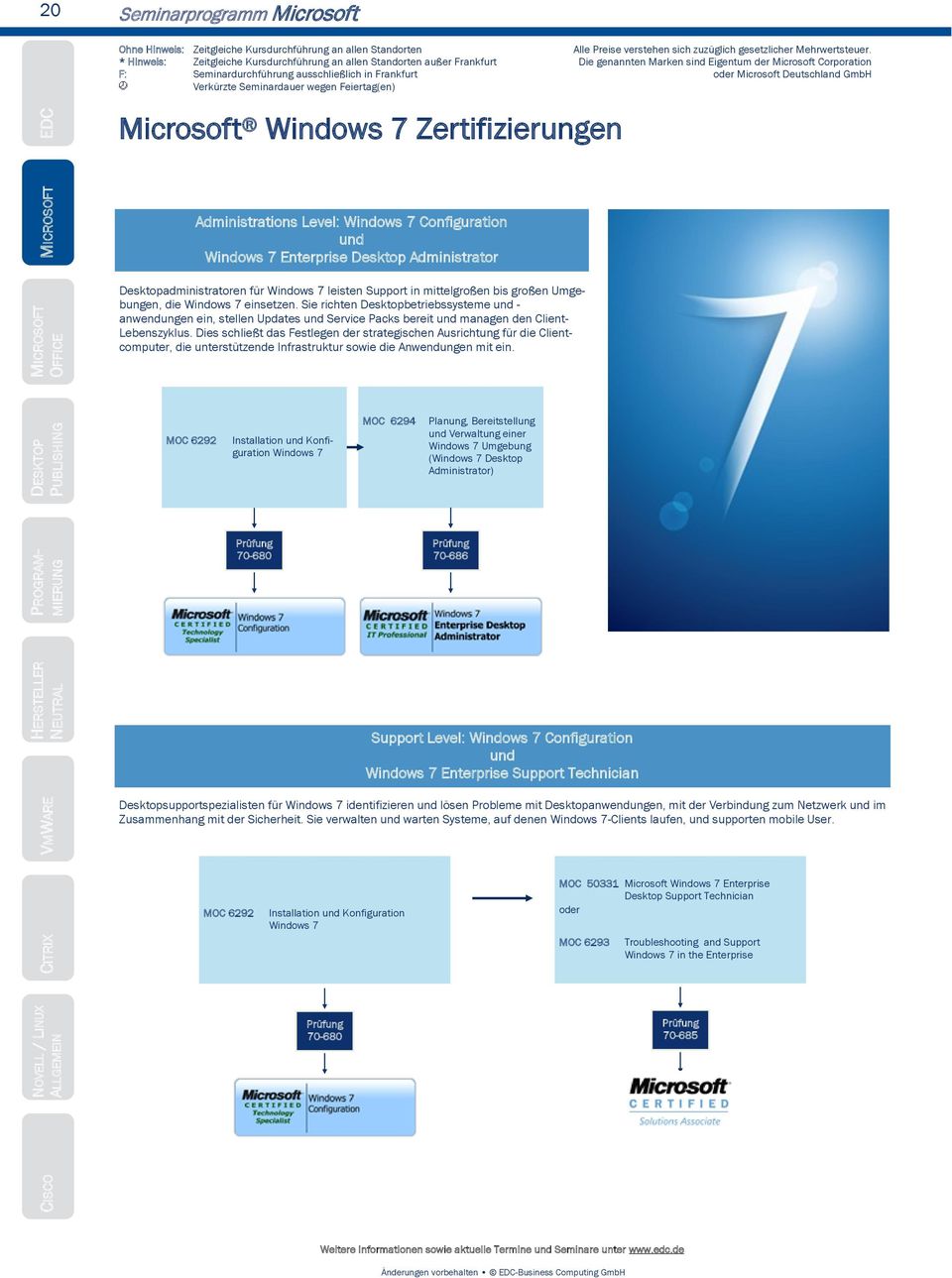 Microsoft Deutschland GmbH Verkürzte Seminardauer wegen Feiertag(en) Microsoft Windows 7 Zertifizierungen Administrations Level: Windows 7 Configuration und Windows 7 Enterprise Desktop Administrator