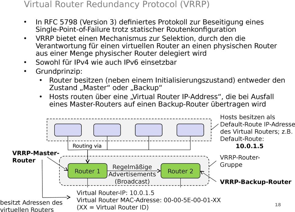 Grundprinzip: Router besitzen (neben einem Initialisierungszustand) entweder den Zustand Master oder Backup Hosts routen über eine Virtual Router IP-Address, die bei Ausfall eines Master-Routers auf