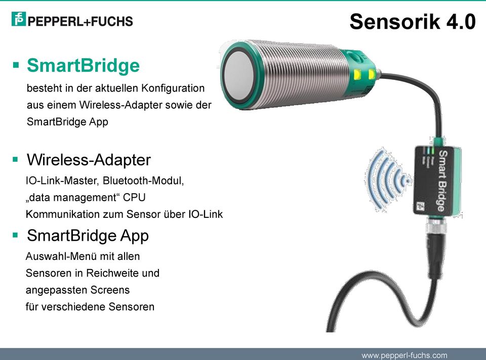 sowie der SmartBridge App Wireless-Adapter IO-Link-Master, Bluetooth-Modul, data