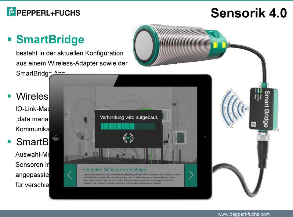 sowie der SmartBridge App Wireless-Adapter IO-Link-Master, Bluetooth-Modul, data