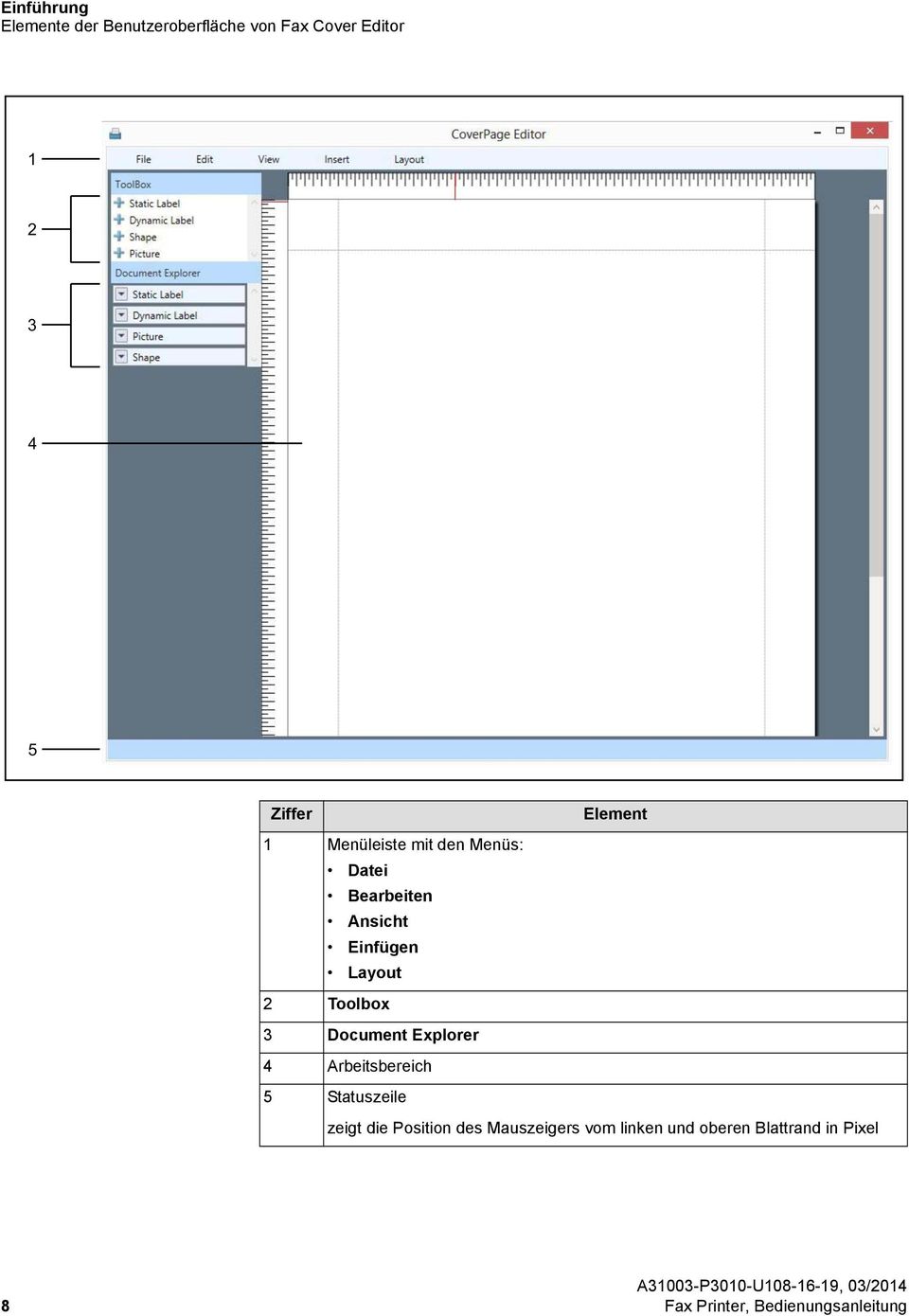 Toolbox 3 Document Explorer 4 Arbeitsbereich 5 Statuszeile zeigt die Position des