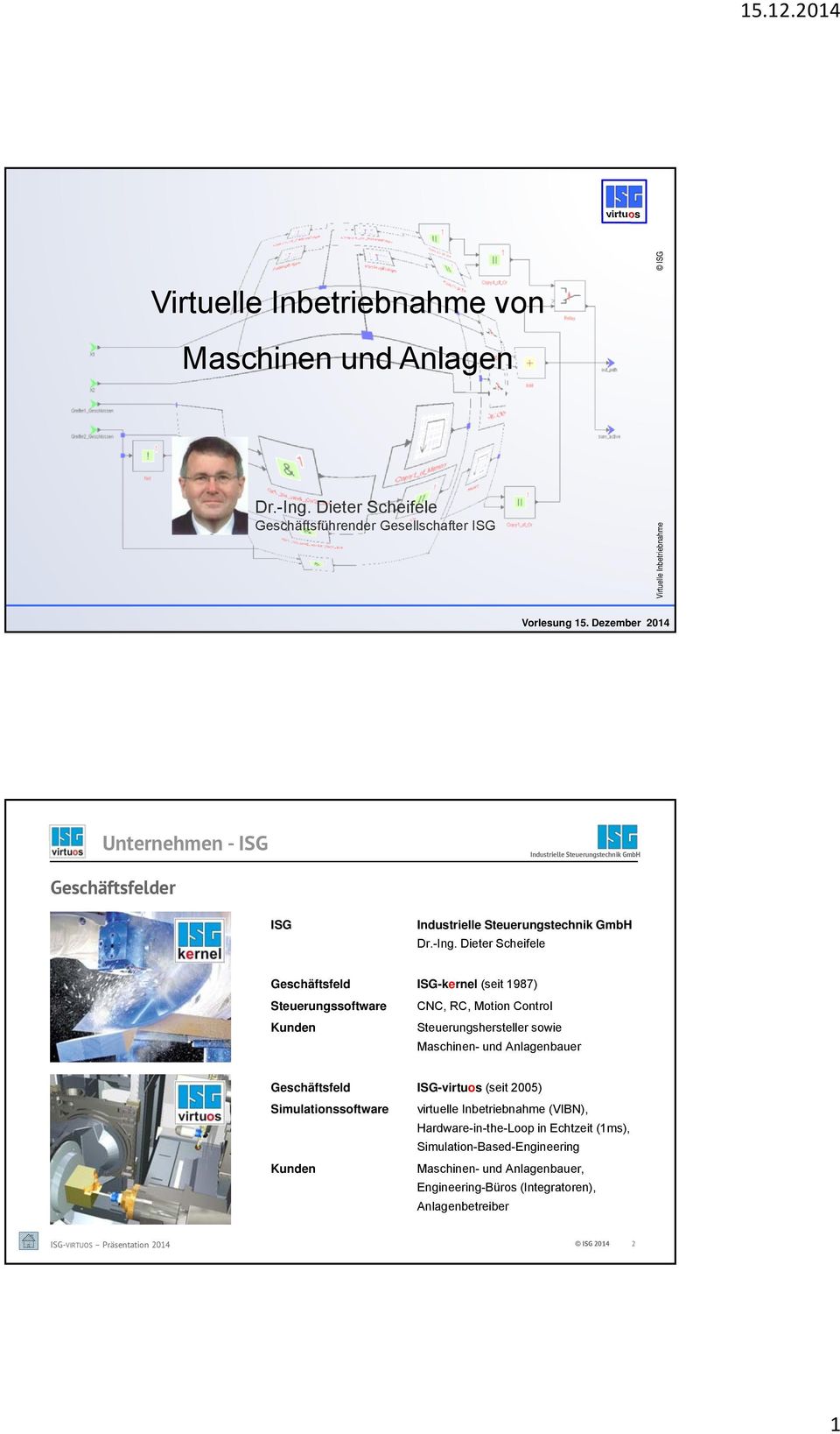 -Ing. Dieter Scheifele Geschäftsfeld ISG-kernel (seit 1987) Steuerungssoftware CNC, RC, Motion Control Kunden Steuerungshersteller sowie Maschinen- und Anlagenbauer