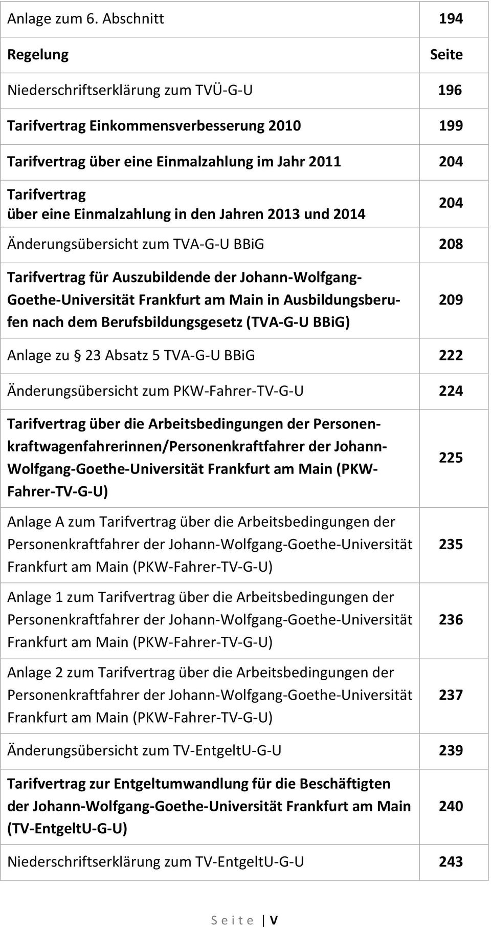 Einmalzahlung in den Jahren 2013 und 2014 204 Änderungsübersicht zum TVA-G-U BBiG 208 Tarifvertrag für Auszubildende der Johann-Wolfgang- Goethe-Universität Frankfurt am Main in Ausbildungsberufen