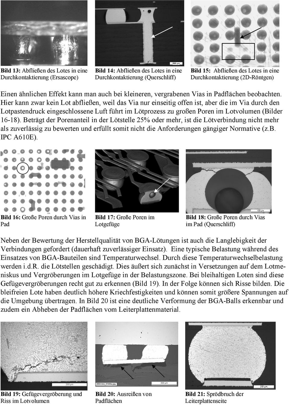 Hier kann zwar kein Lot abfließen, weil das Via nur einseitig offen ist, aber die im Via durch den Lotpastendruck eingeschlossene Luft führt im Lötprozess zu großen Poren im Lotvolumen (Bilder 16-18).