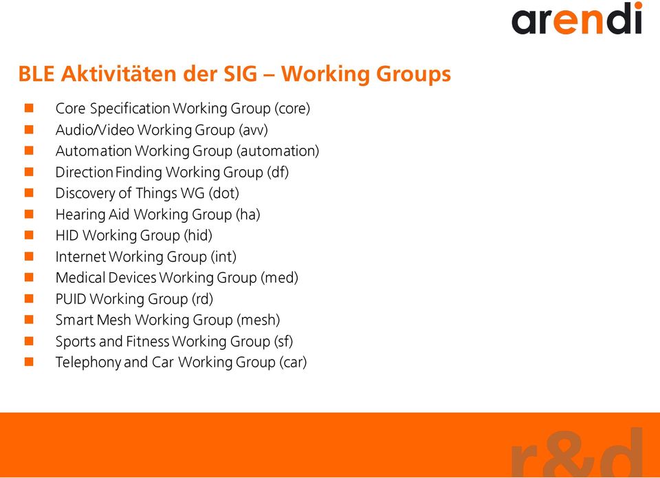 Working Group (ha) HID Working Group (hid) Internet Working Group (int) Medical Devices Working Group (med) PUID