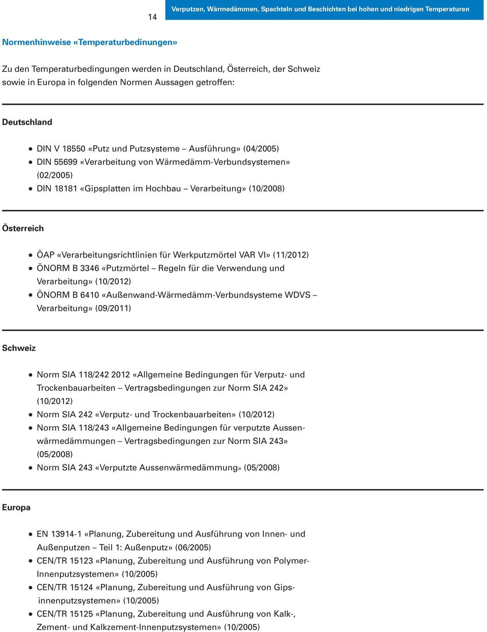 «Verarbeitungsrichtlinien für Werkputzmörtel VAR VI» (11/2012) ÖNORM B 3346 «Putzmörtel Regeln für die Verwendung und Verarbeitung» (10/2012) ÖNORM B 6410 «Außenwand-Wärmedämm-Verbundsysteme WDVS
