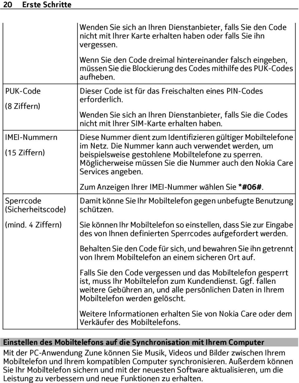 4 Ziffern) Wenn Sie den Code dreimal hintereinander falsch eingeben, müssen Sie die Blockierung des Codes mithilfe des PUK-Codes aufheben.