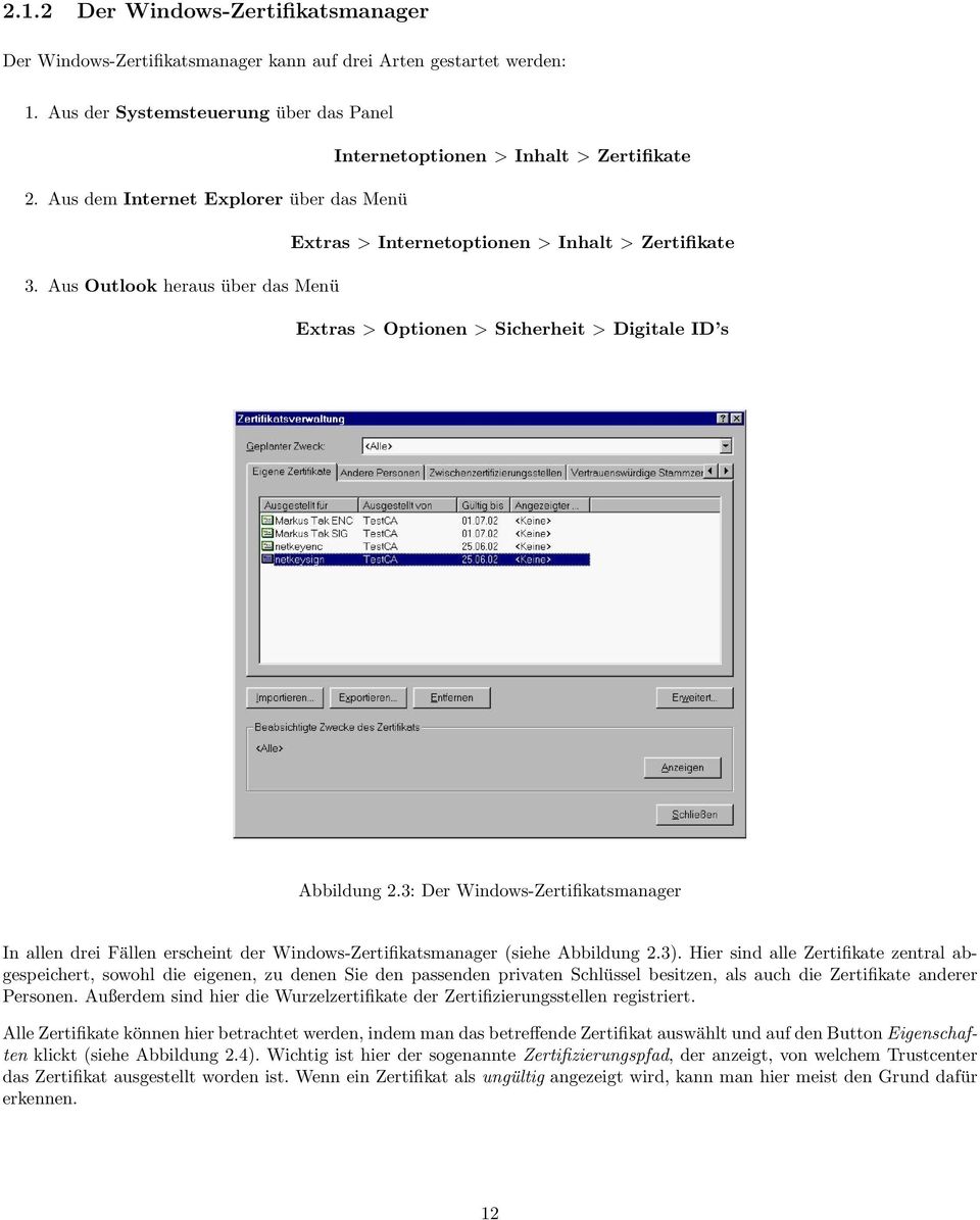 3: Der Windows-Zertifikatsmanager In allen drei Fällen erscheint der Windows-Zertifikatsmanager (siehe Abbildung 2.3).