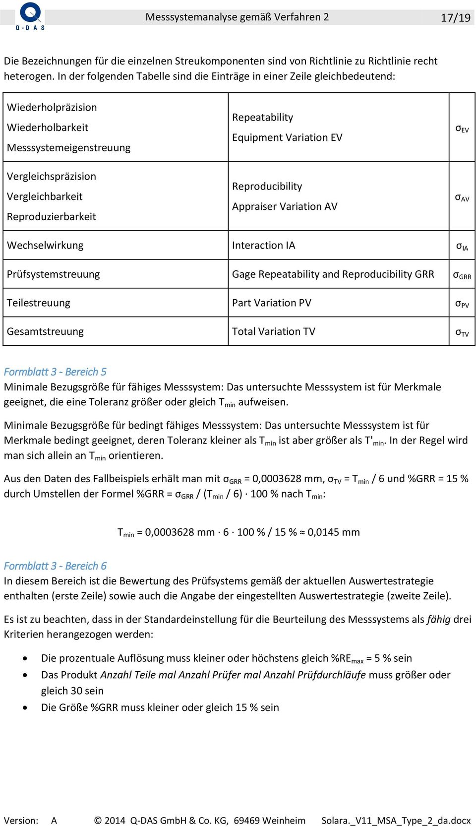 Vergleichbarkeit Reproduzierbarkeit Reproducibility Appraiser Variation AV σ AV Wechselwirkung Interaction IA σ IA Prüfsystemstreuung Gage Repeatability and Reproducibility GRR σ GRR Teilestreuung