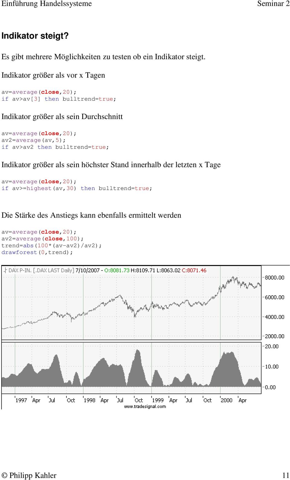 av=average(close,20); av2=average(av,5); if av>av2 then bulltrend=true; Indikator größer als sein höchster Stand innerhalb der letzten x Tage