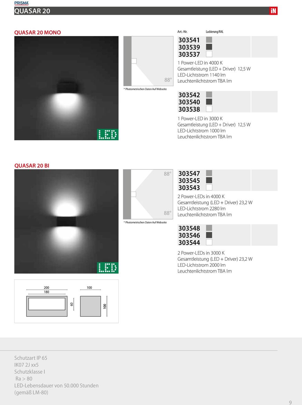 Webseite 88 88 303547 303545 303543 2 Power-LEDs in 4000 K Gesamtleistung (LED + Driver) 23,2 W LED-Lichtstrom 2280 lm 303548 303546 303544 2 Power-LEDs in 3000 K