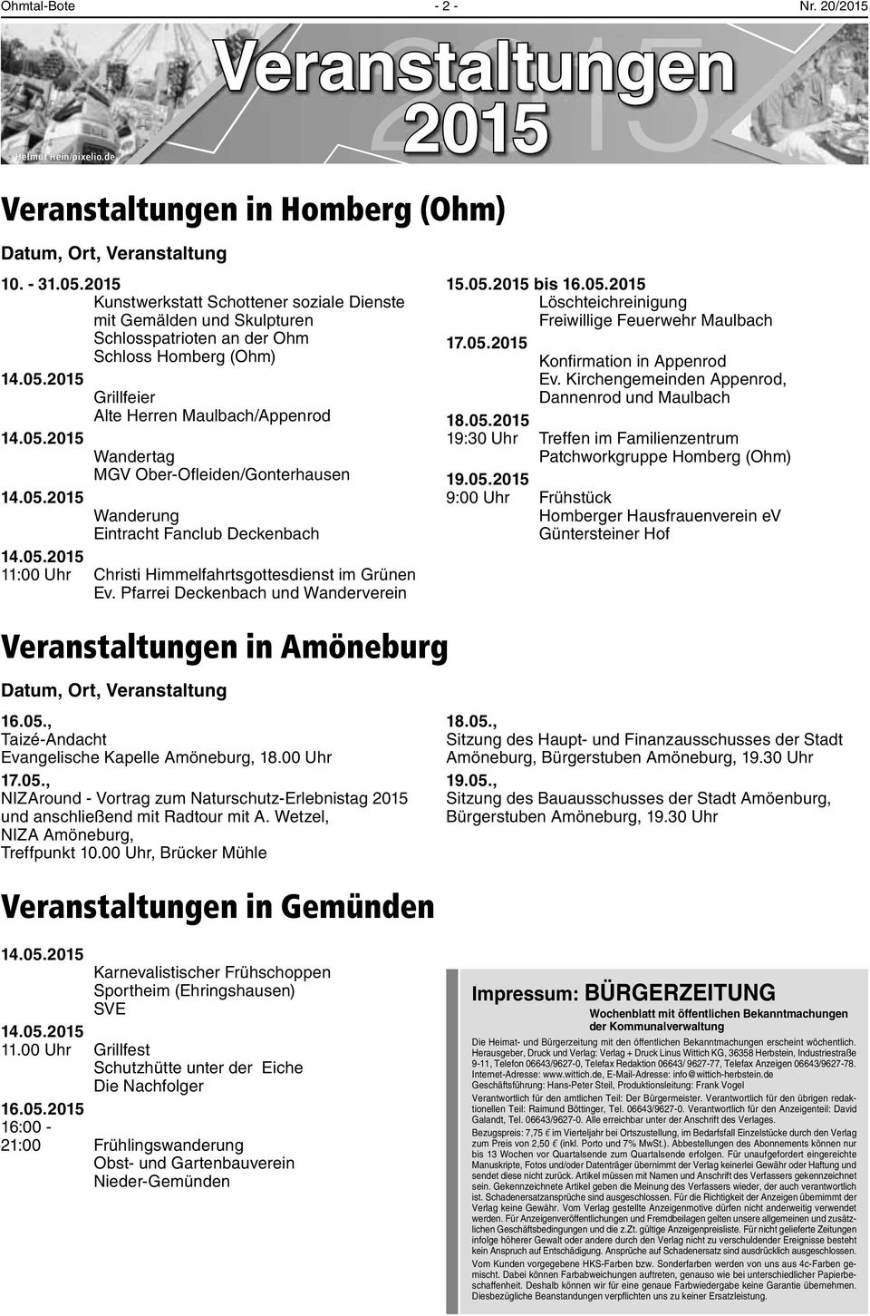 05.2015 Wanderung Eintracht Fanclub Deckenbach 14.05.2015 11:00 Uhr Christi Himmelfahrtsgottesdienst imgrünen Ev.