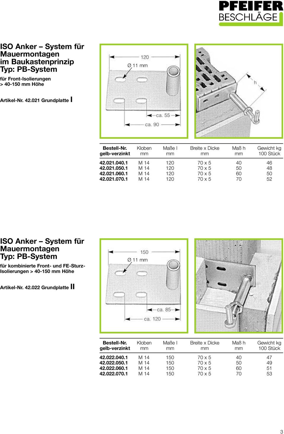 021.070.1 M 14 120 70 x 5 70 52 ISO Anker System für Mauermontagen Typ: PB-System für kombinierte Front- und FE-Sturz- Isolierungen > 40-150 Höhe Ø 11 Artikel-Nr.